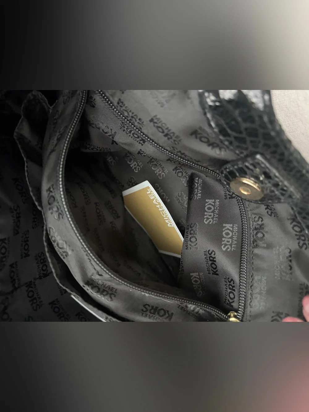 Michael Kors Black Snake-Embossed Shoulder Bag with Gold Hardware